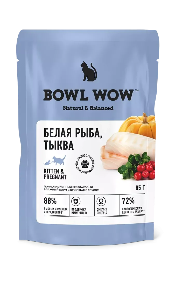 Bowl Wow Пауч кусочки в соусе с белой рыбой и тыквой киттен (0,085 кг)
