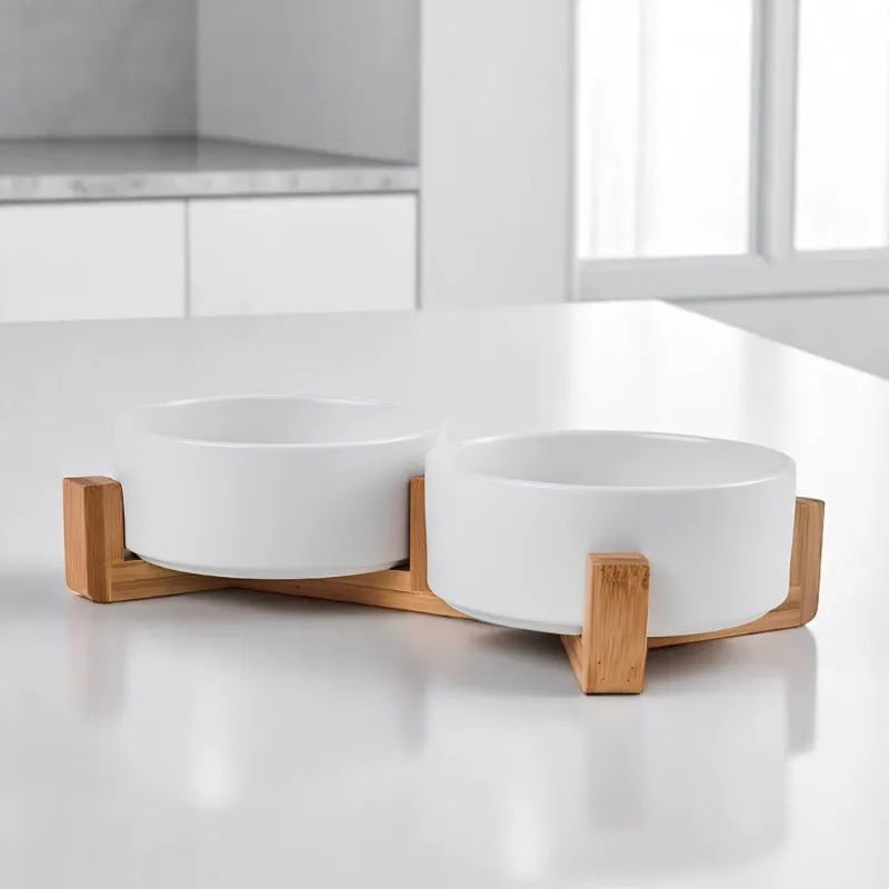 Миска керамическая на подставке ДВОЙНАЯ БЕЛАЯ (0.4л)