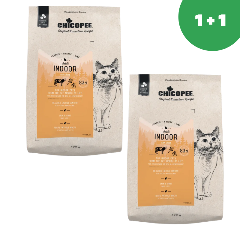 Chicopee CNL Indoor (Чикопи Индор с говядиной) Корм для домашних котов 0,4кг+0,4кг