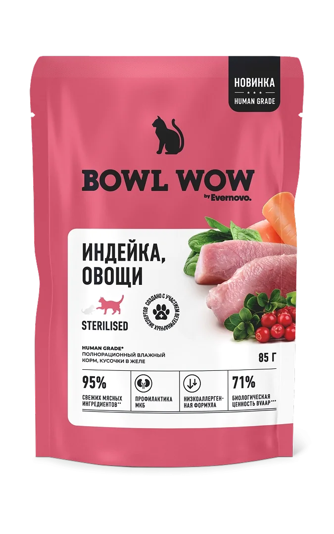 Bowl Wow Пауч ЖЕЛЕ с индейкой и овощами для стерилизованных кошек (0,085 кг)