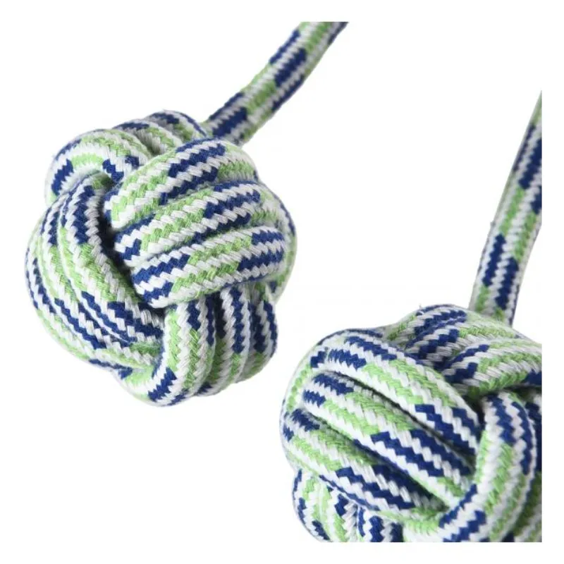 Игрушка из веревки с ручкой и тремя узлами сине-зеленая