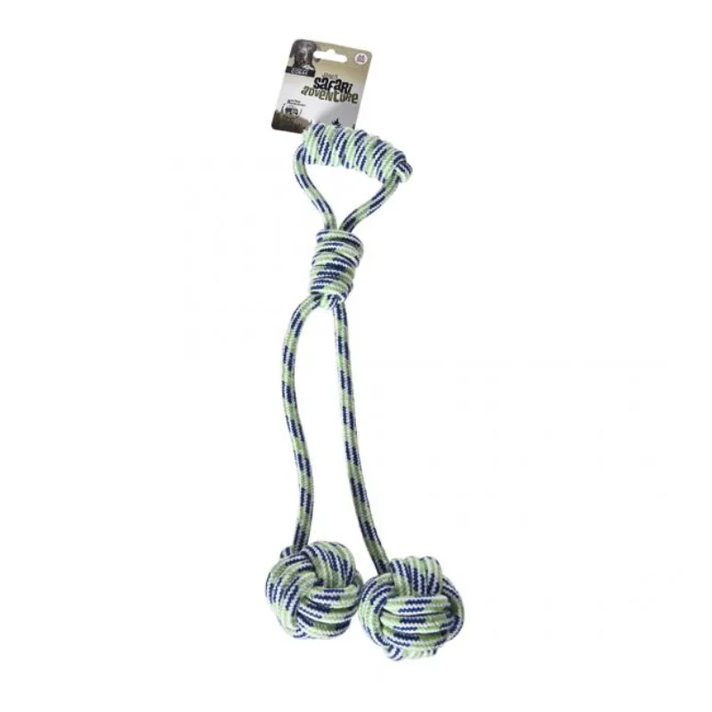 Игрушка из веревки с ручкой и тремя узлами сине-зеленая