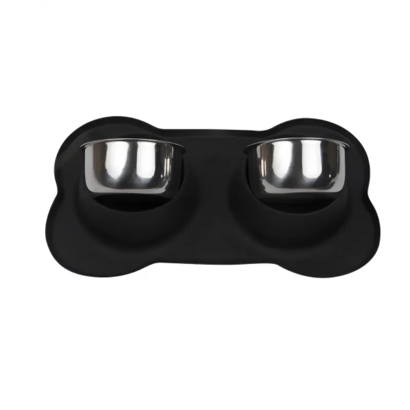 Миска двойная из нержавеющей стали для домашних животных с силиконовым ковриком