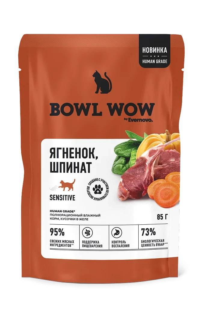 Bowl Wow Пауч ЖЕЛЕ с ягненком и шпинатом сенситив (0,085 кг)