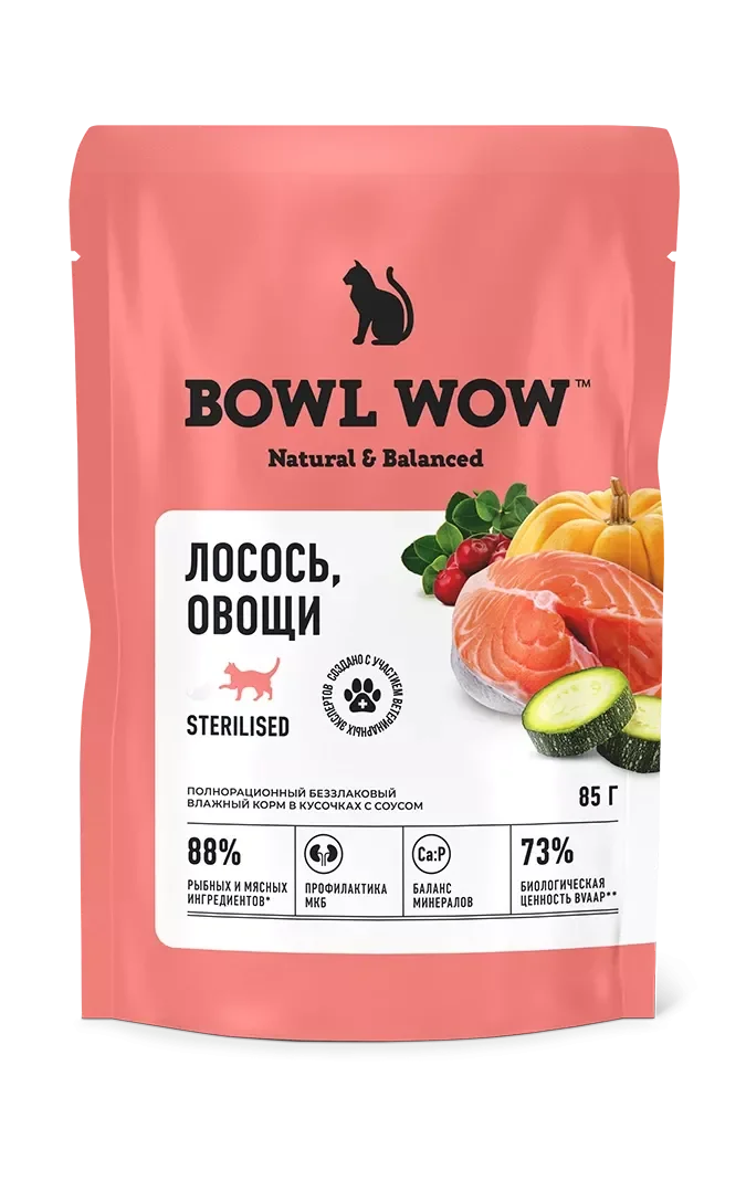 Bowl Wow Пауч кусочки в соусе с лососем и овощами для стерилизованных кошек (0,085 кг)