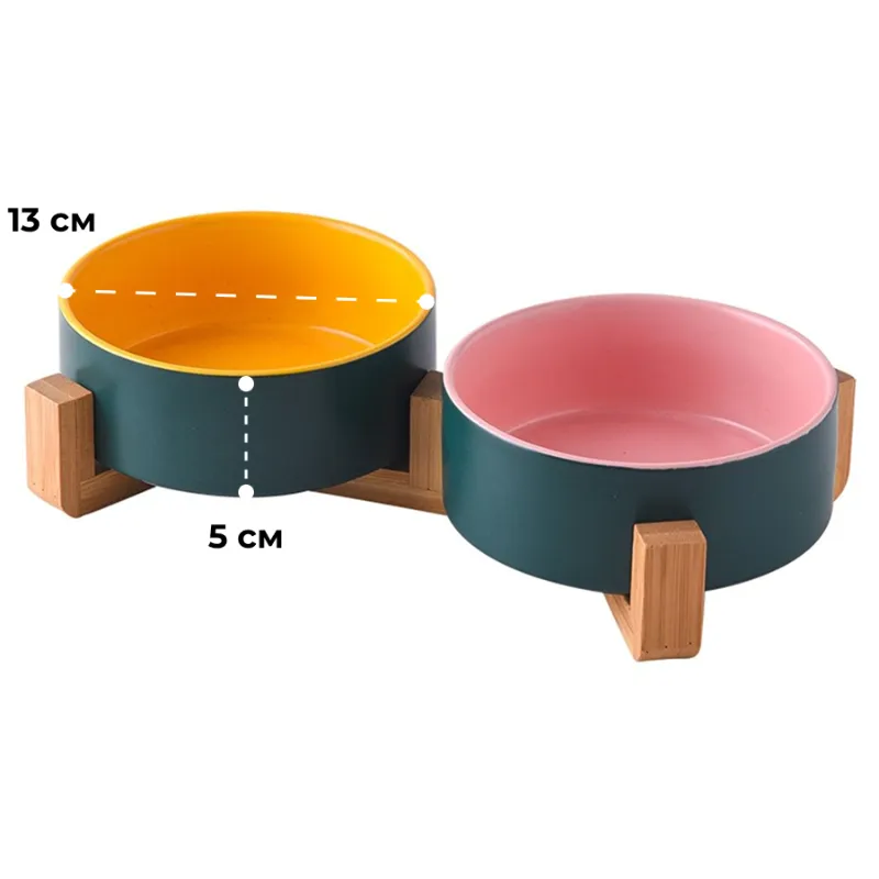 Миска керамическая на подставке ДВОЙНАЯ ЗЕЛЕНАЯ/РОЗОВАЯ/ЖЁЛТАЯ (0.4л)