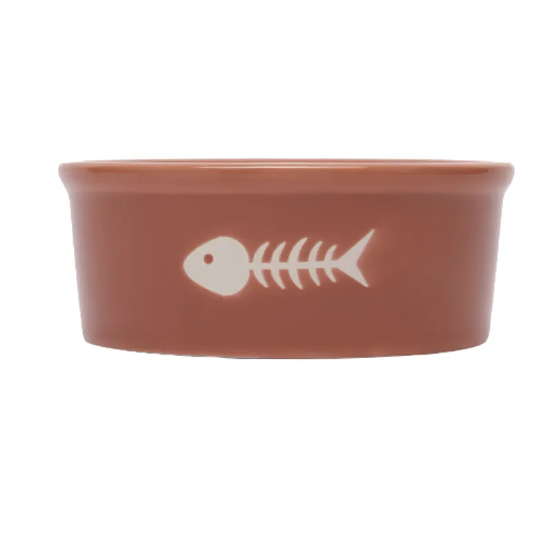 Миска керамическая для домашних животных коричневая с рисунком Скелет рыбы